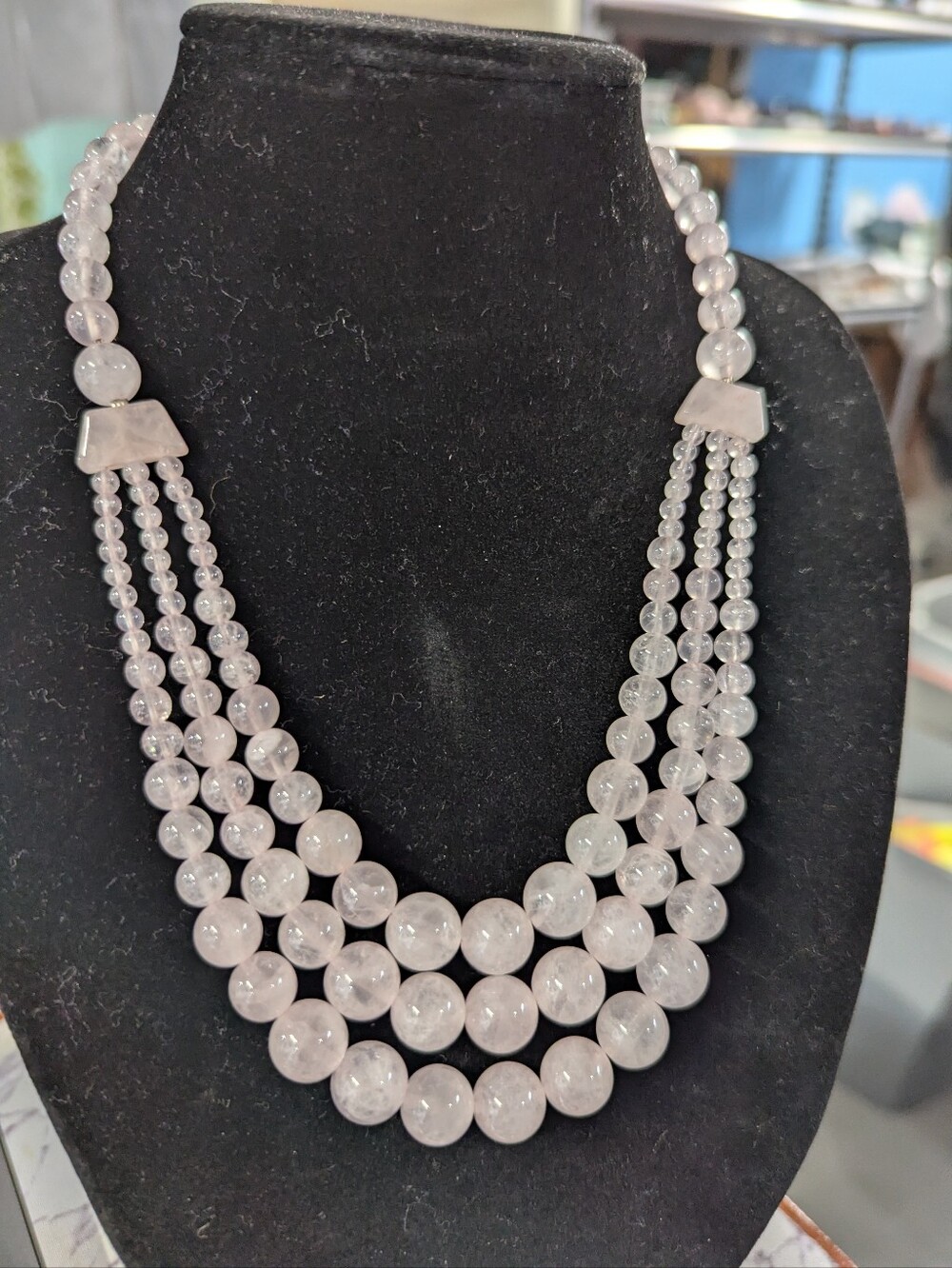 Rose Quartz 3 Strand Necklace With Graduated Beads - Approx. 20 Inches-New